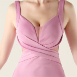 Women clothing cross pleated hollow mesh V Neck Formal Party evening dress