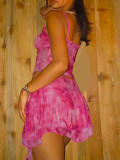 Women Two Mesh Sexy Camisole Top and Irregular Slit Skirt Two-Piece Set