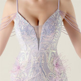 Women Beaded Feather Decoration Beaded Fishtail Evening Dress