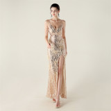 Plus Size Women clothing feather embroidery sequins beaded diamond chain sling V Neck fishtail evening dress