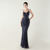 Women clothing V Neck sequins beaded hollow mesh off-shoulder Formal Party evening dress