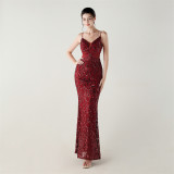 Women clothing V Neck sequins beaded hollow mesh off-shoulder Formal Party evening dress