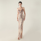 Women Beaded Feather Decoration Beaded Fishtail Evening Dress