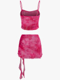 Women Two Mesh Sexy Camisole Top and Irregular Slit Skirt Two-Piece Set
