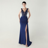 Women clothing fishbone fixed beaded tube embroidery V Neck Formal Party fishtail evening dress