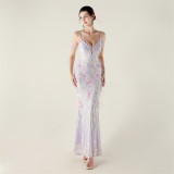 Women Beaded Feather Decoration Beaded Fishtail Evening Dress