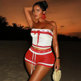 Summer Women's Fashion Knitting Drawstring Contrast Stripes Strapless Two-Piece Shorts Set