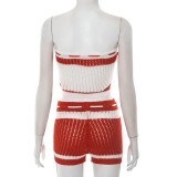 Summer Women's Fashion Knitting Drawstring Contrast Stripes Strapless Two-Piece Shorts Set
