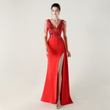 Women Beaded Tube Embroidery Beaded Fishbone Waist Formal Party Evening Dress