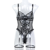 Women Lace Hollow Cross Lace-Up Lace Suspender Bodysuit Sexy Lingerie