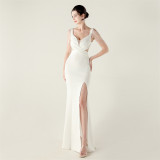 Women clothing beaded pleated V Neck Formal Party evening dress