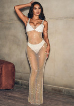 Women Beaded Stretchy Mesh Off Shoulder Maxi Dress