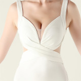 Women clothing cross pleated hollow mesh V Neck Formal Party evening dress