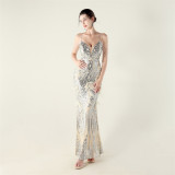 Women Beaded Feather Decoration Beaded Fishtail Evening Dress