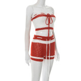 Summer Women's Fashion Knitting Drawstring Contrast Stripes Strapless Two-Piece Shorts Set