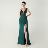 Women clothing fishbone fixed beaded tube embroidery V Neck Formal Party fishtail evening dress