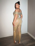Women Beaded Stretchy Net Off Shoulder Sexy Bodycon Maxi Dress