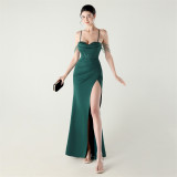 Women beaded fishbone Lace-Up pleated V Neck Formal Party sling evening dress