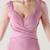 Women clothing beaded pleated V Neck Formal Party evening dress