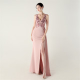 Women clothing fishbone fixed beaded tube embroidery V Neck Formal Party fishtail evening dress