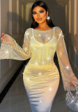 Women Summer Fishnet Rhinestone Long Sleeve Bcakless Top