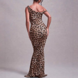 Women Sexy Strap Bcakless Leopard Maxi Dress