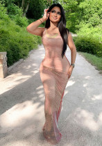 Women Summer Fishnet Rhinestone Sleeveless Dress