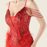 Women Beaded Feather Decoration Beaded Fishtail Evening Dress