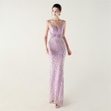 Women clothing V Neck sequins beaded hollow mesh off-shoulder Formal Party evening dress