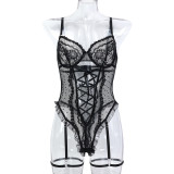 Women Lace Hollow Cross Lace-Up Lace Suspender Bodysuit Sexy Lingerie