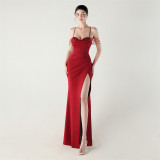 Women beaded fishbone Lace-Up pleated V Neck Formal Party sling evening dress