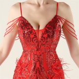 Women Beaded Feather Decoration Beaded Fishtail Evening Dress