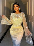Women Summer Fishnet Rhinestone Long Sleeve Bcakless Top