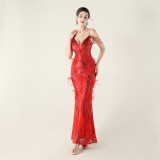 Women Beaded Feather Decoration Beaded Fishtail Evening Dress