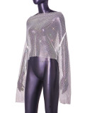 Women Summer Fishnet Rhinestone Long Sleeve Bcakless Top