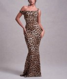 Women Sexy Strap Bcakless Leopard Maxi Dress