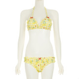 Women clothing Holidays sexy bikini summer lemon plaid Halter Neck sling briefs Two Pieces Swimwears