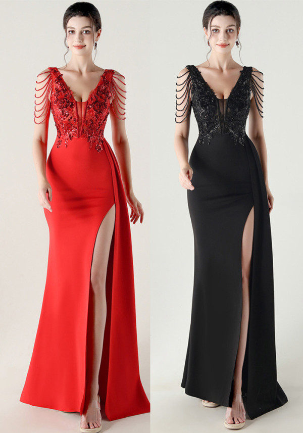 Women Beaded Tube Embroidery Beaded Fishbone Waist Formal Party Evening Dress