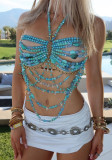 Women Hollow Bcakless Halter Neck Beaded Vest Blue Gem Body Chain