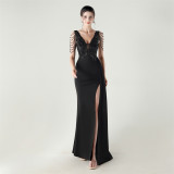 Women Beaded Tube Embroidery Beaded Fishbone Waist Formal Party Evening Dress