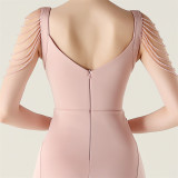 Women clothing beaded pleated V Neck Formal Party evening dress