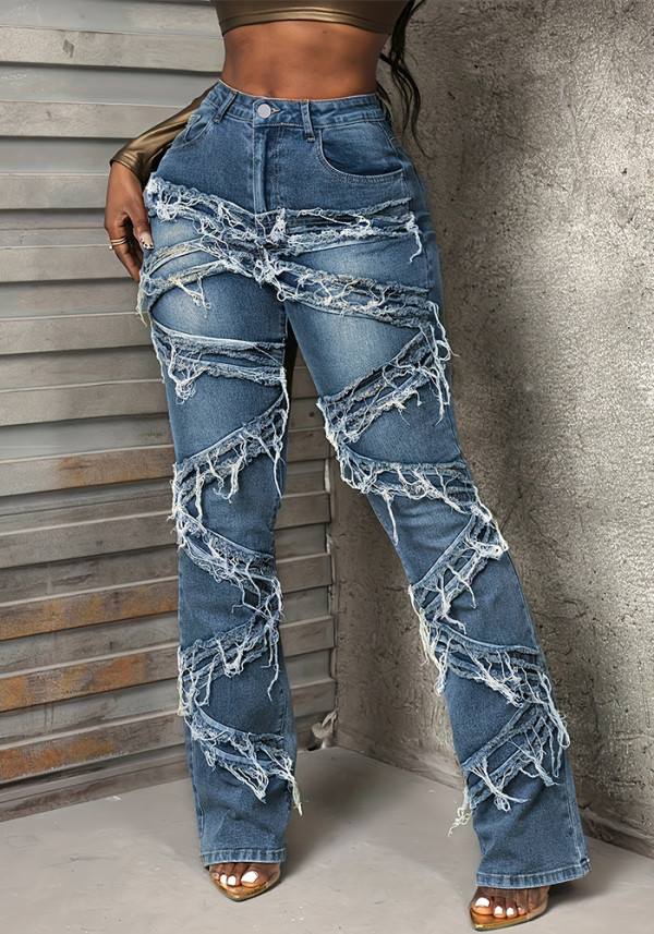 Women Vintage Stretchy Patchwork Denim Pants