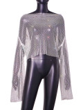 Women Summer Fishnet Rhinestone Long Sleeve Bcakless Top