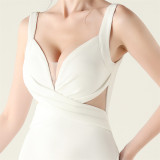 Women clothing cross pleated hollow mesh V Neck Formal Party evening dress
