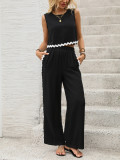 Women Summer Career Contrast Lace Patchwork Sleeveless Top and Pants Two-Piece Set