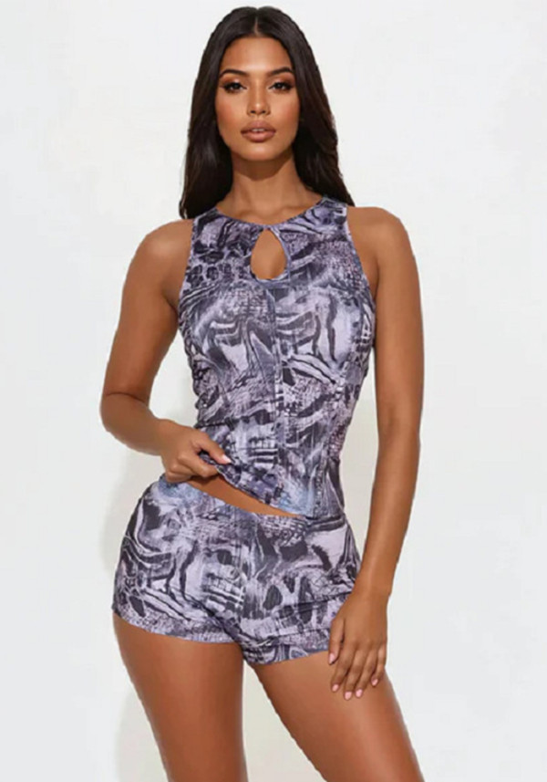 Women Summer Abstract Print Sexy Top and Shorts Two-Piece Set