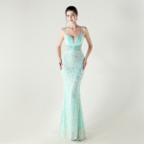 Women clothing V Neck sequins beaded hollow mesh off-shoulder Formal Party evening dress
