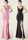 Women clothing cross pleated hollow mesh V Neck Formal Party evening dress