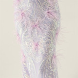 Women Beaded Feather Decoration Beaded Fishtail Evening Dress
