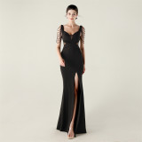 Women clothing beaded pleated V Neck Formal Party evening dress